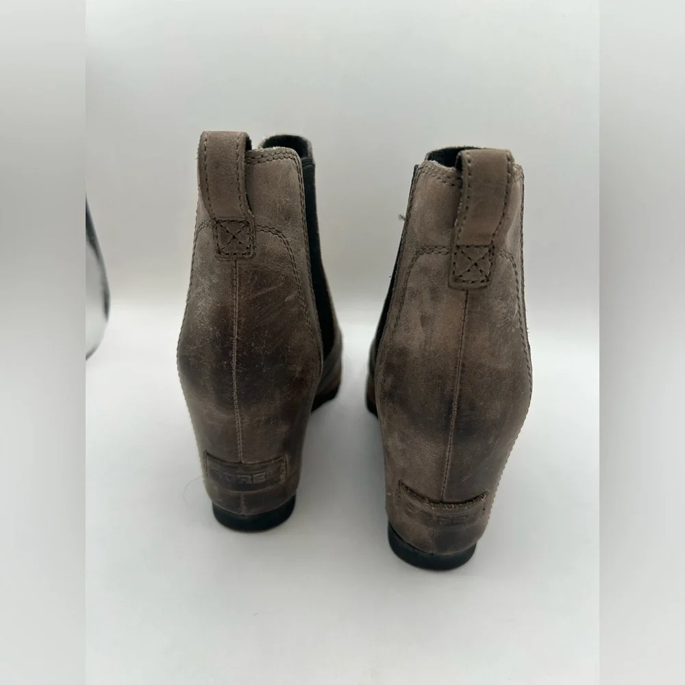 Sorel Lea Ankle Boots Wedge Heels Leather Pull On Gray Women's Size 7 US booties